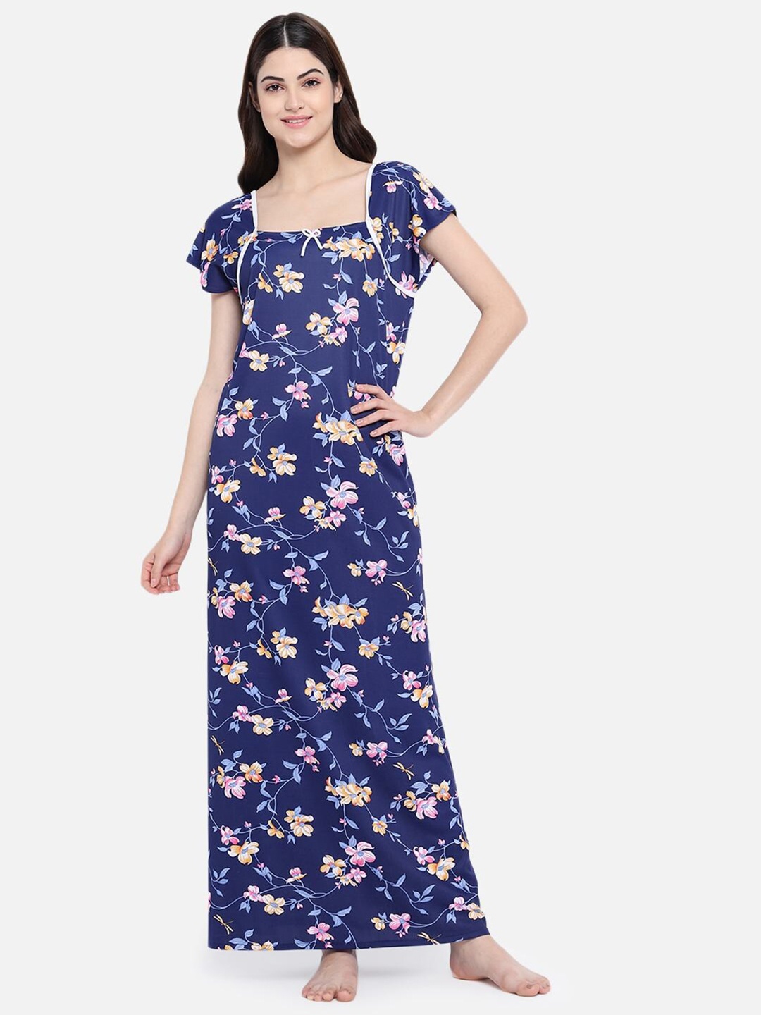 

Klamotten Navy Blue & Pink Floral Printed Maxi Nightdress