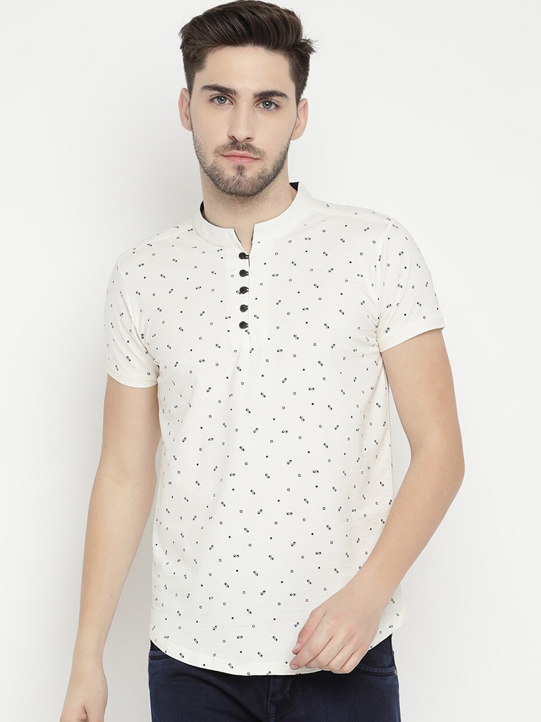 

V2 Value & Variety Men Cream-Coloured Geometric Checked Thread Work Kurta