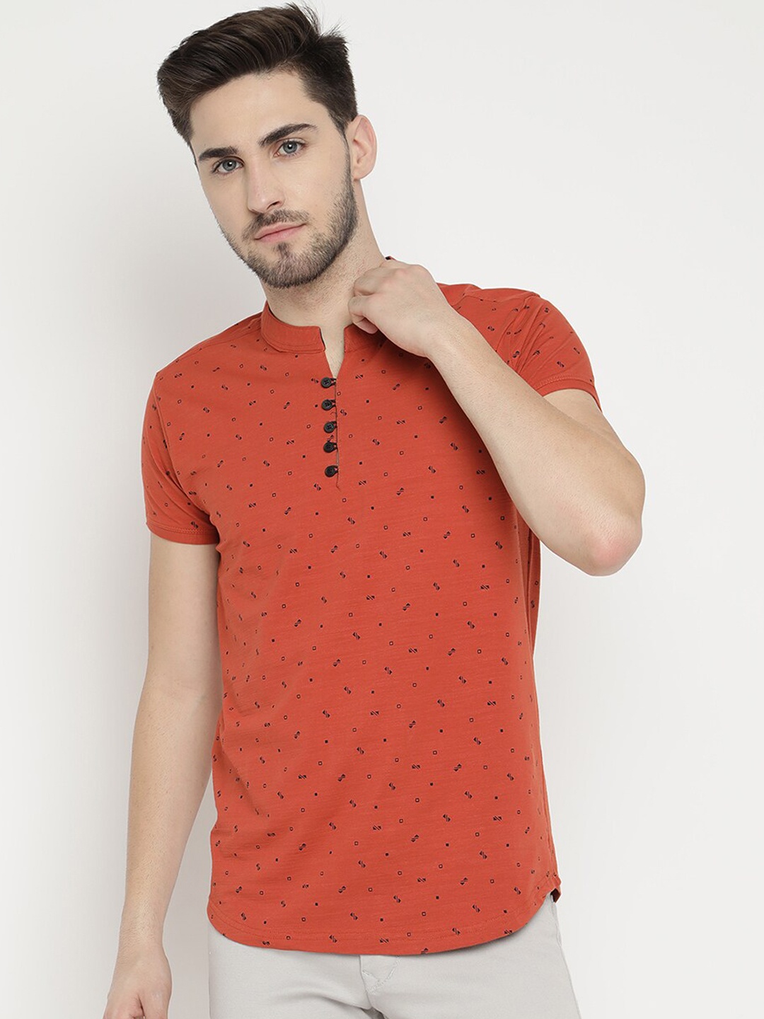 

V2 Value & Variety Men Orange & Black Geometric Printed Cotton Kurta