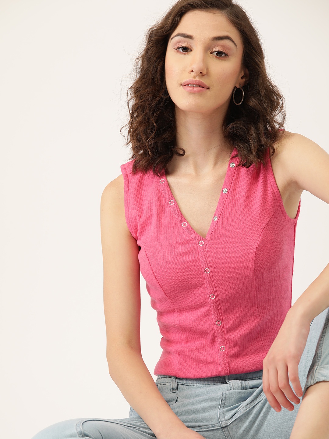 

DressBerry Women Pink Solid Ribbed Snap Button Detail V-Neck Top