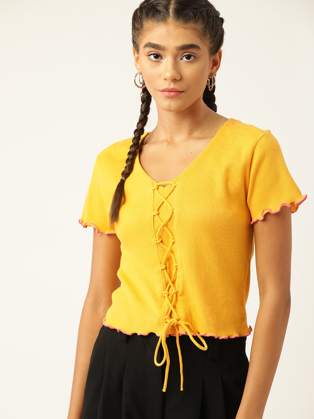 

DressBerry Yellow Ribbed V-Neck Top