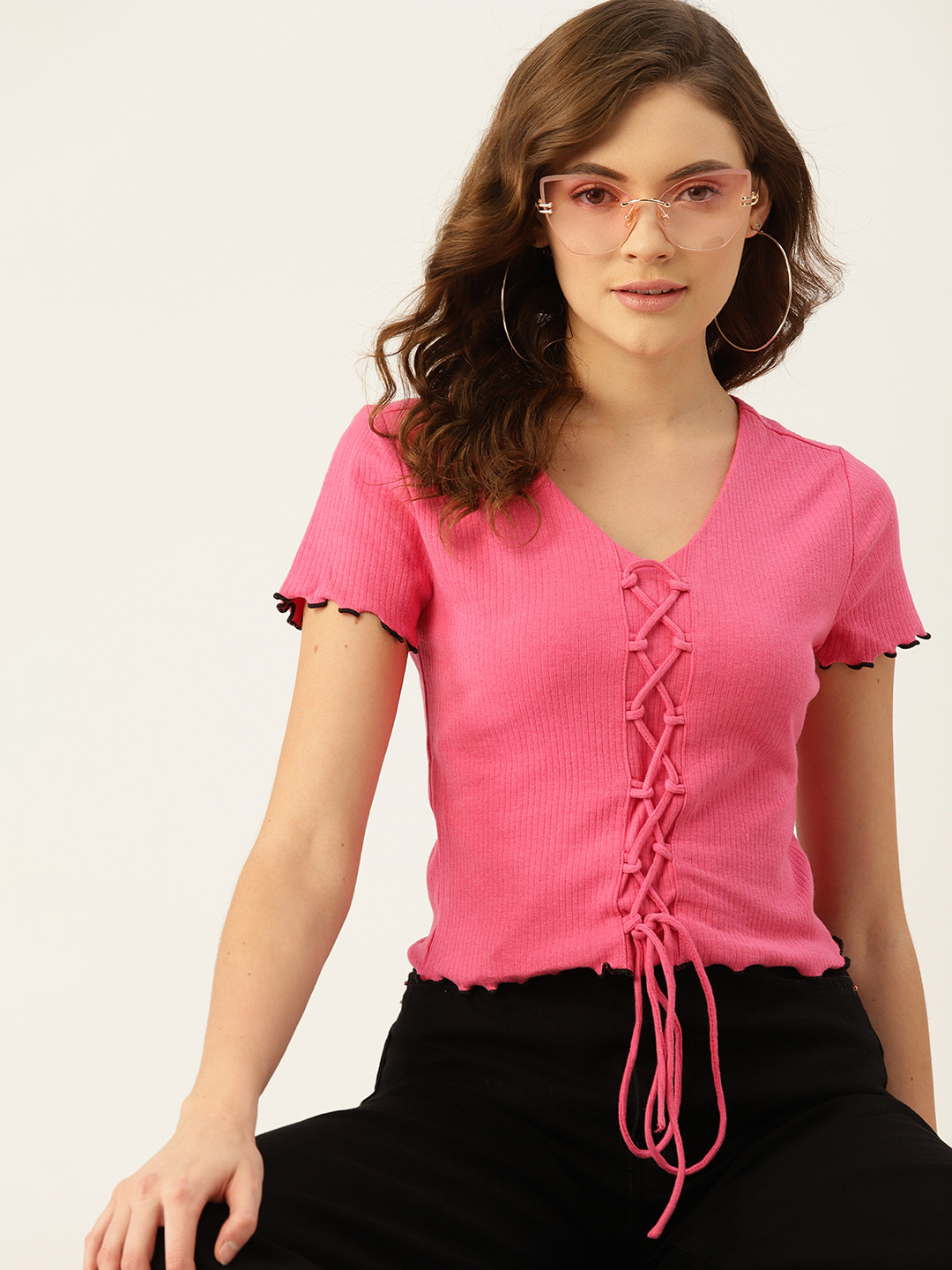 

DressBerry Women Pink Ribbed Top
