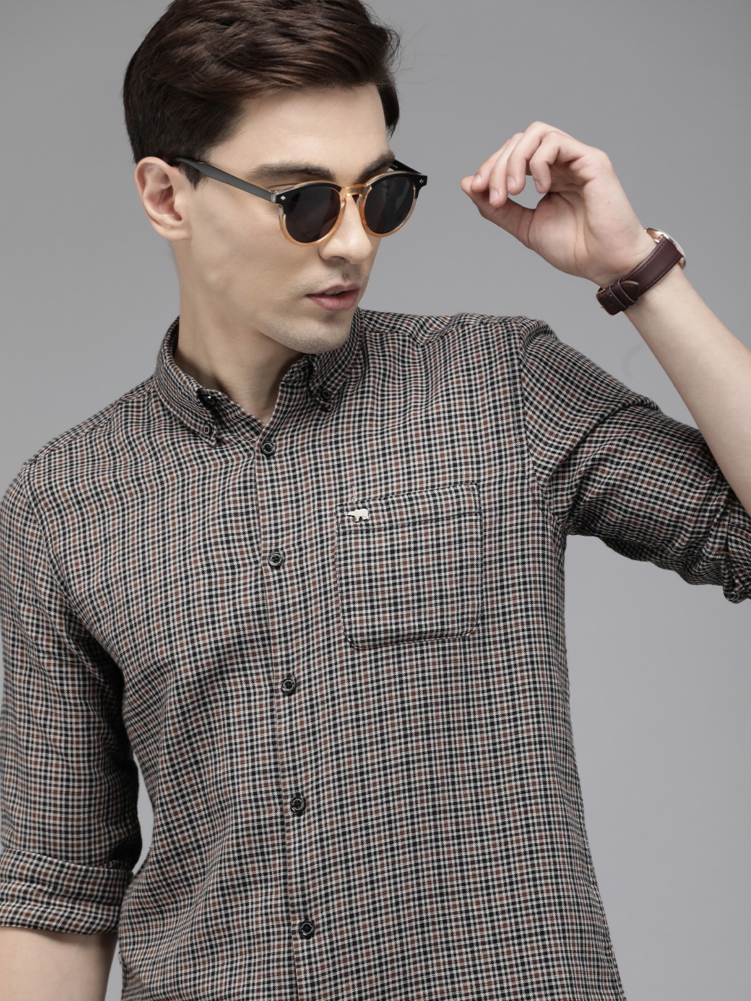 

THE BEAR HOUSE Men Brown Slim Fit Checked Pure Cotton Casual Shirt
