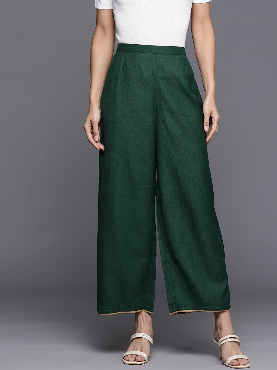 

Indo Era Women Green Solid Cotton Palazzos