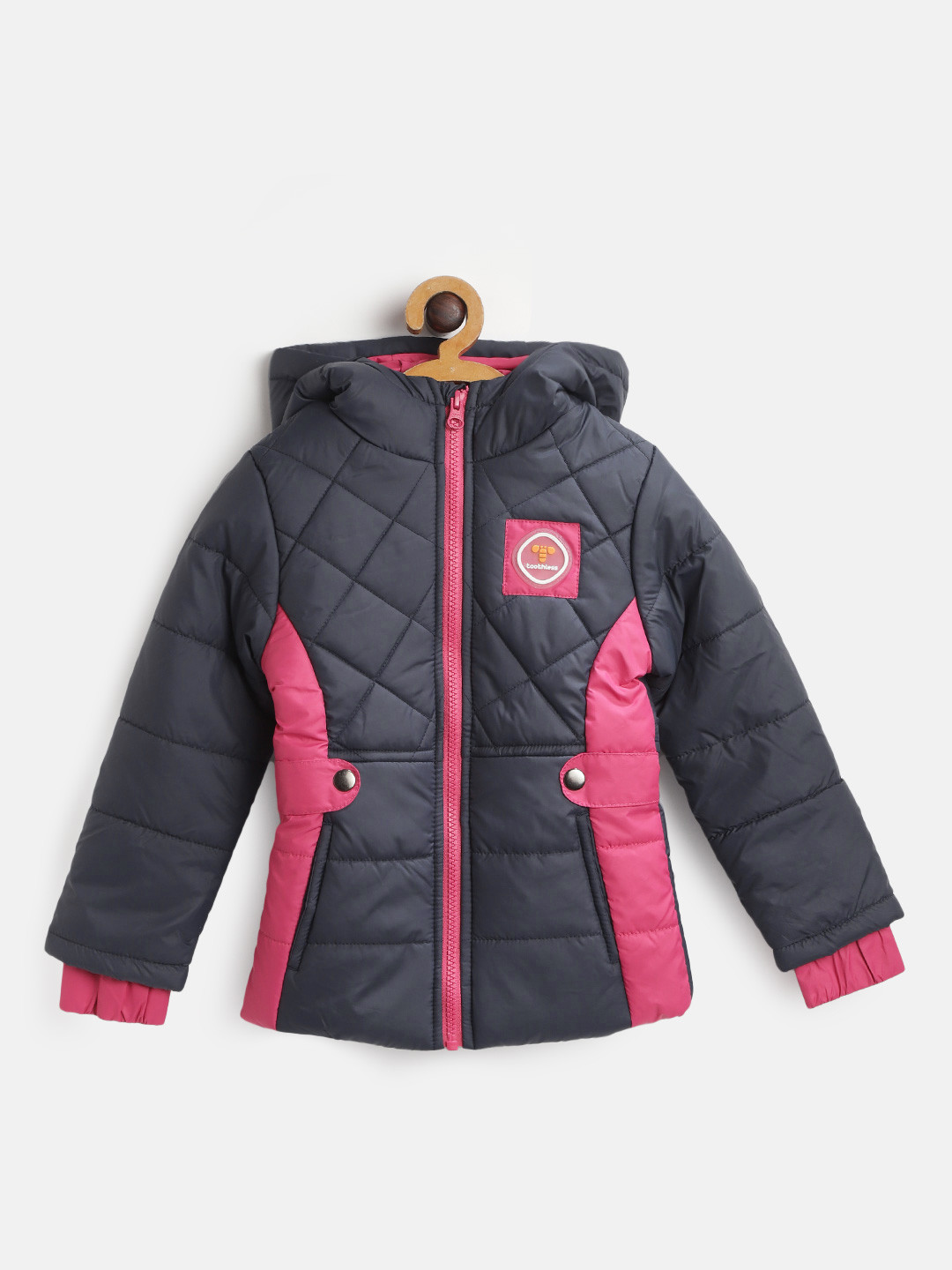 

toothless Girls Navy Blue & Pink Colourblocked Hooded Padded Jacket