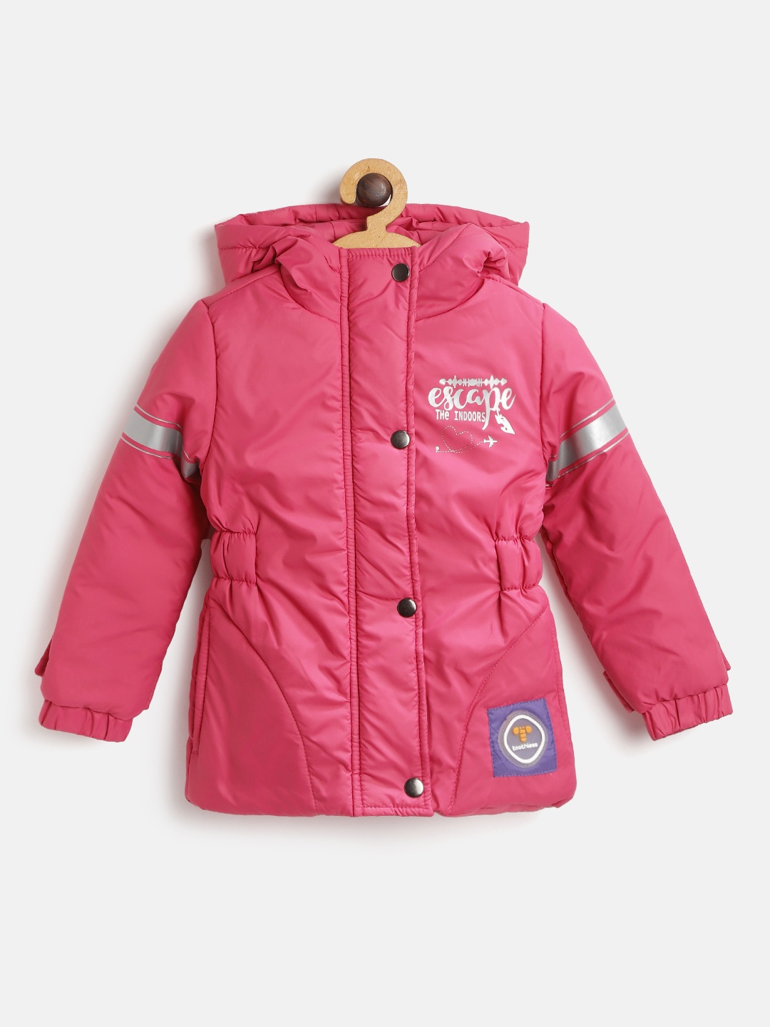 

toothless Girls Pink & Silver Solid Hooded Padded Jacket with Typography Print Detail