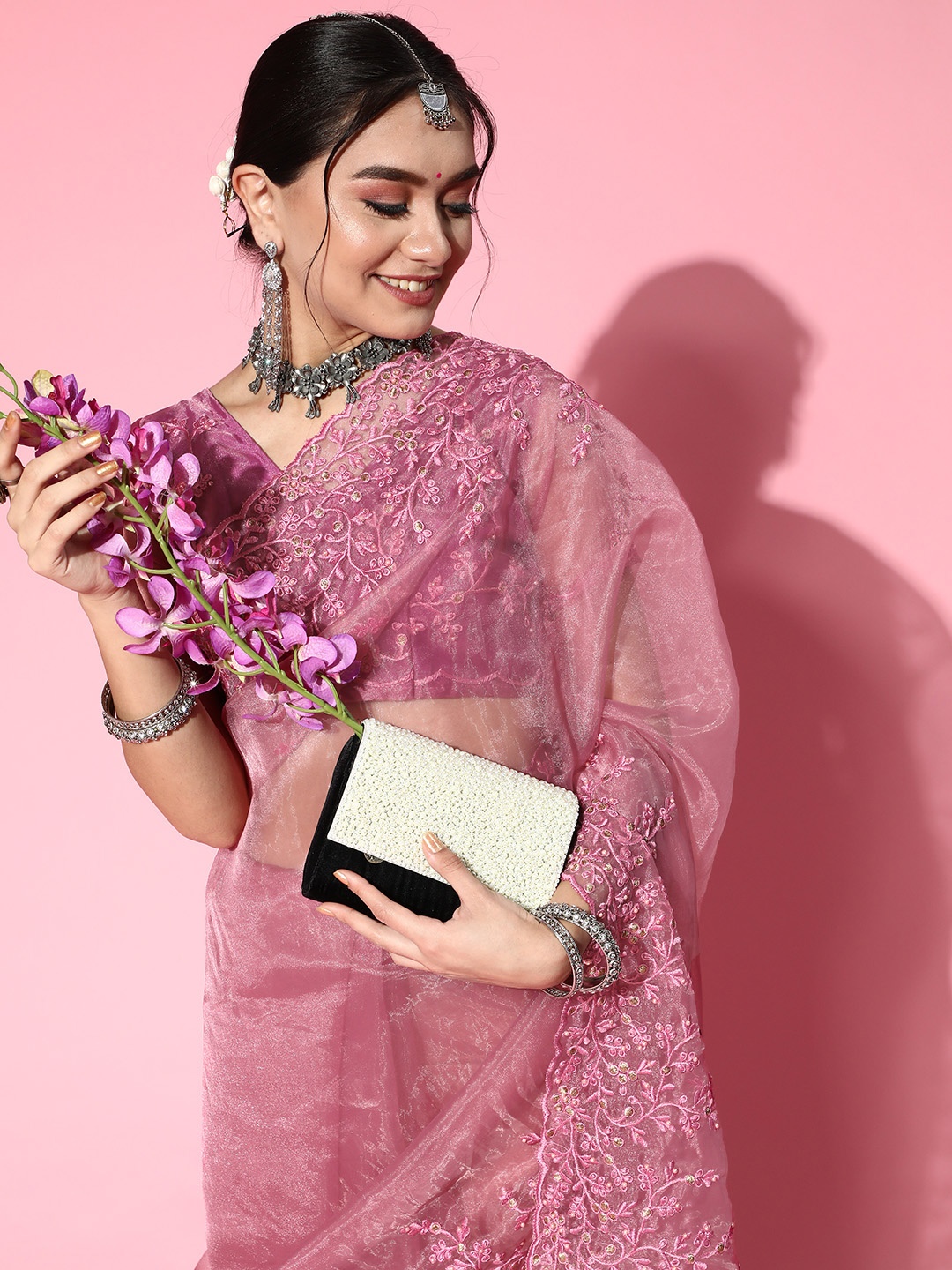 

Tikhi Imli Embroidered Organza Saree, Pink