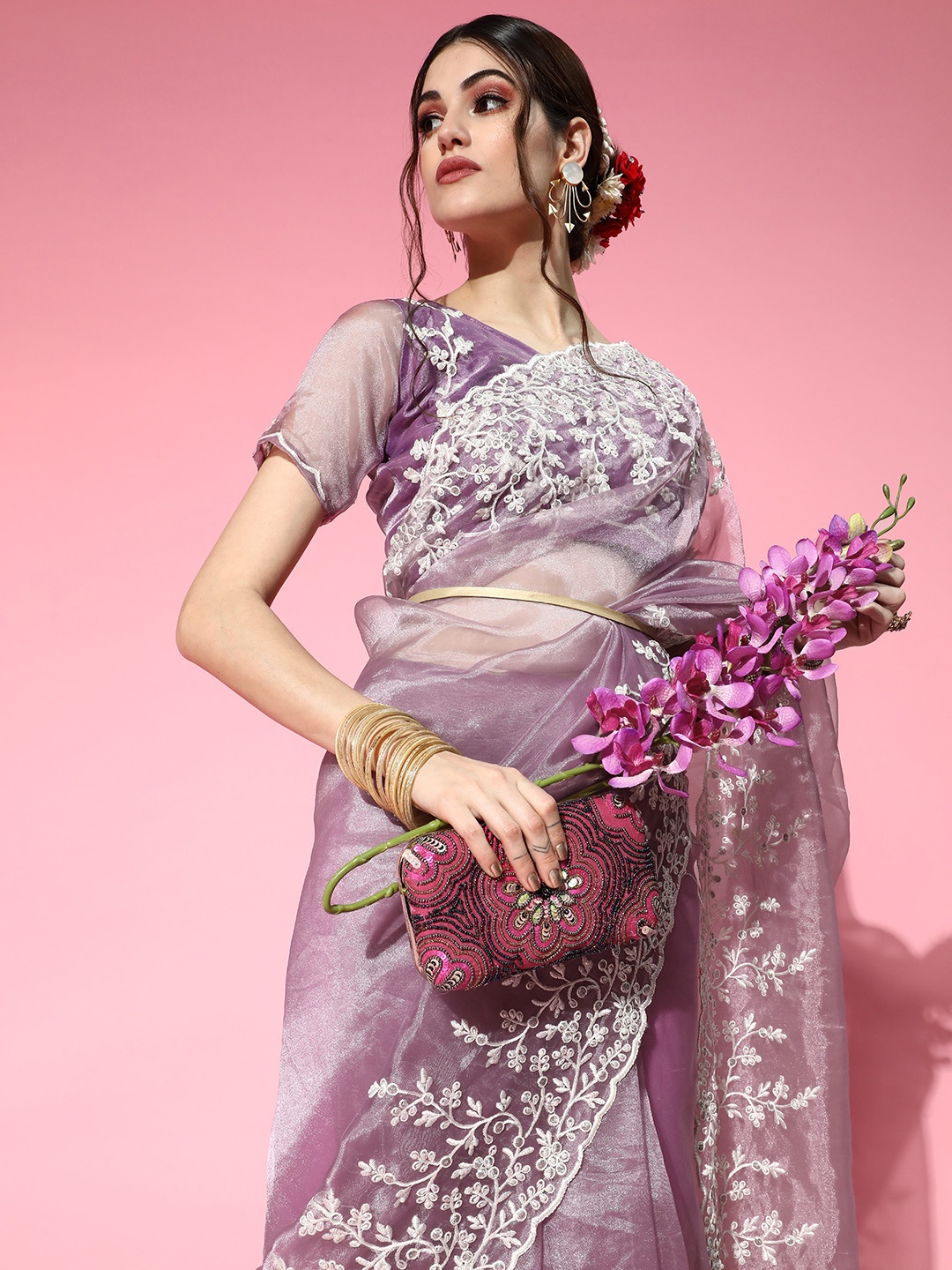 

Tikhi Imli Floral Saree with Embroidered border, Mauve