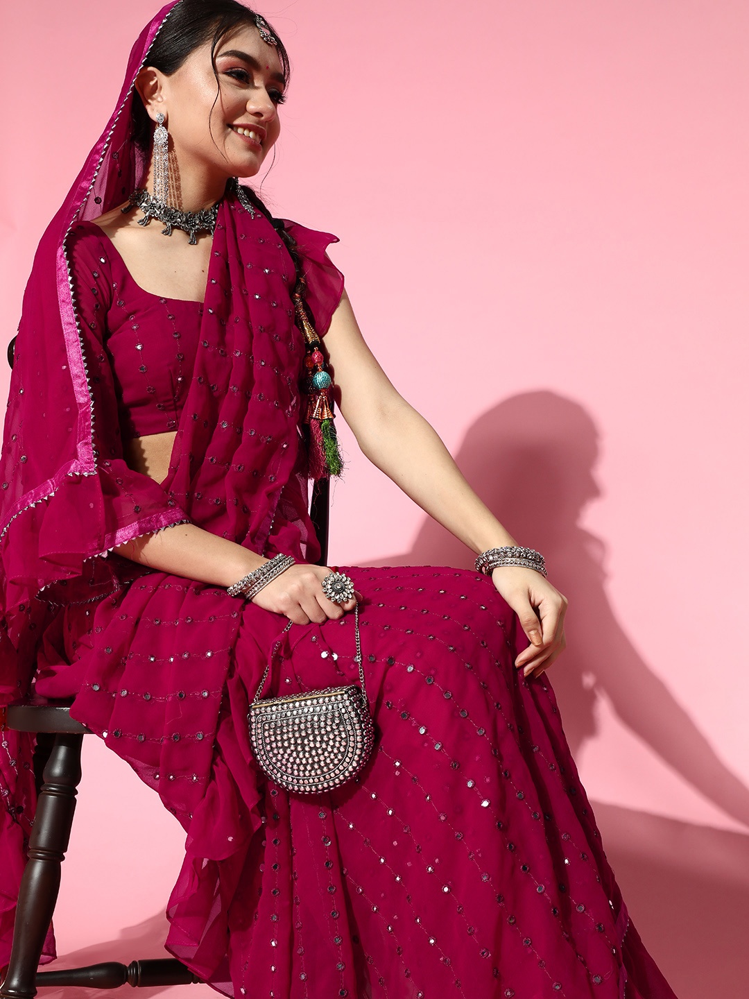 

Tikhi Imli Embellished Poly-Georgette Saree with Solid border, Pink