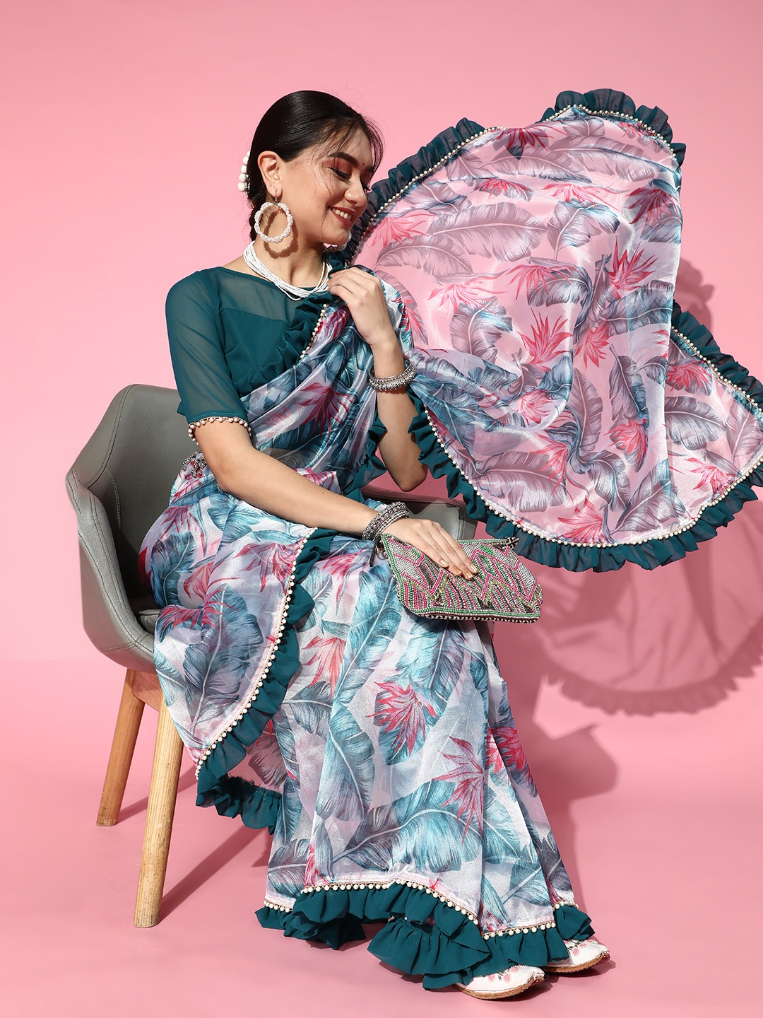 

Tikhi Imli Floral Organza Saree with Solid border, White