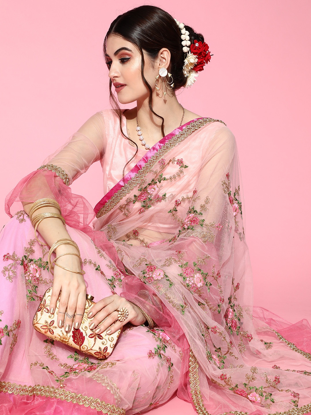 

Tikhi Imli Pink Saree with Solid border