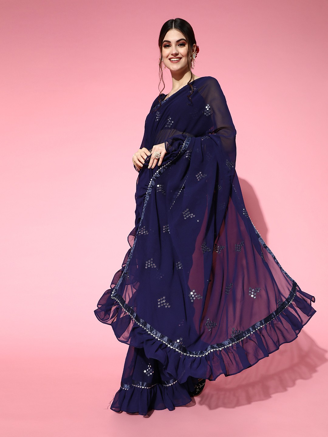 

Tikhi Imli Navy Blue Poly-Georgette Saree with Solid border