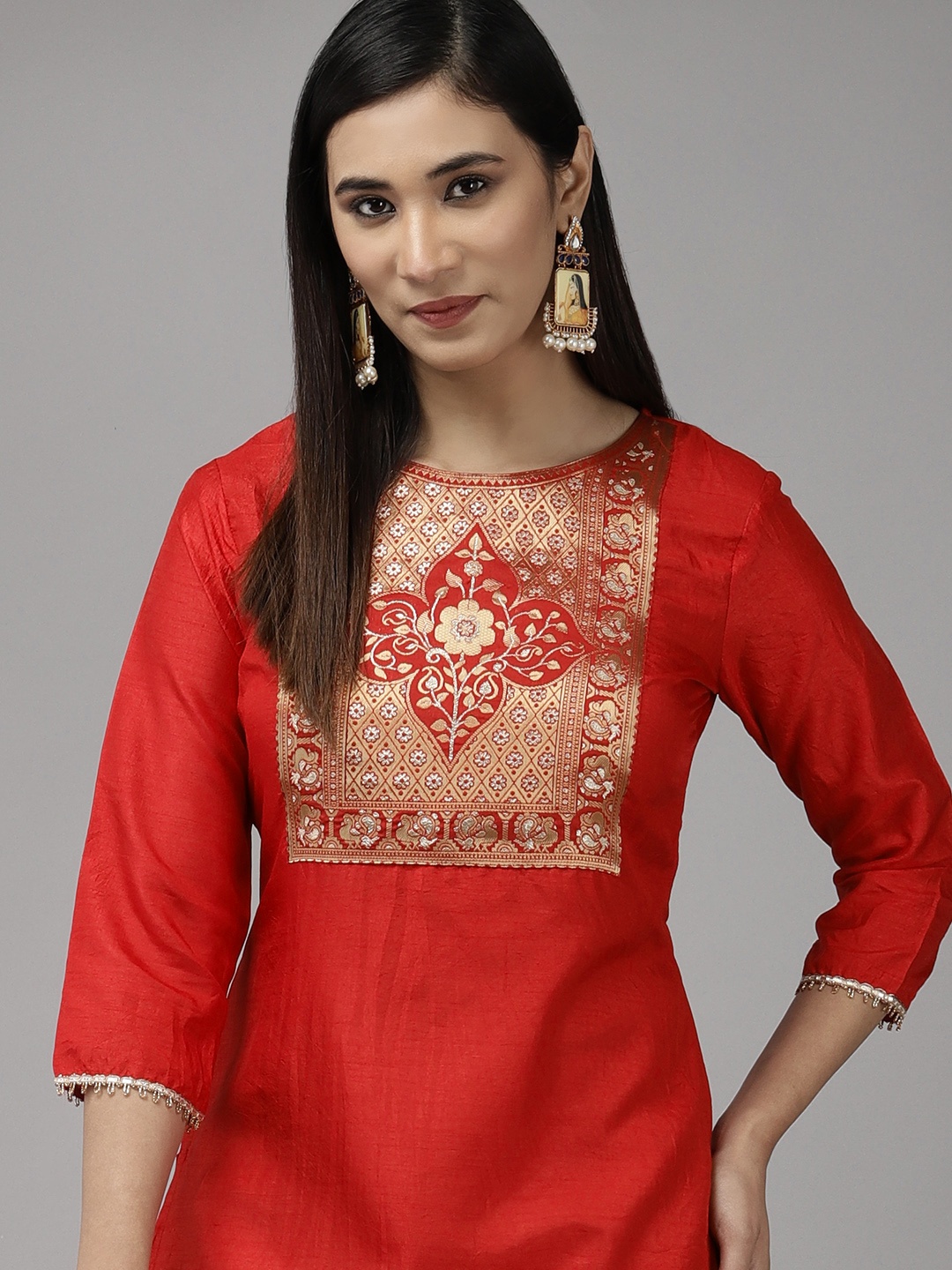

Indo Era Women Red & Golden Ethnic Motifs Yoke Design Kurta