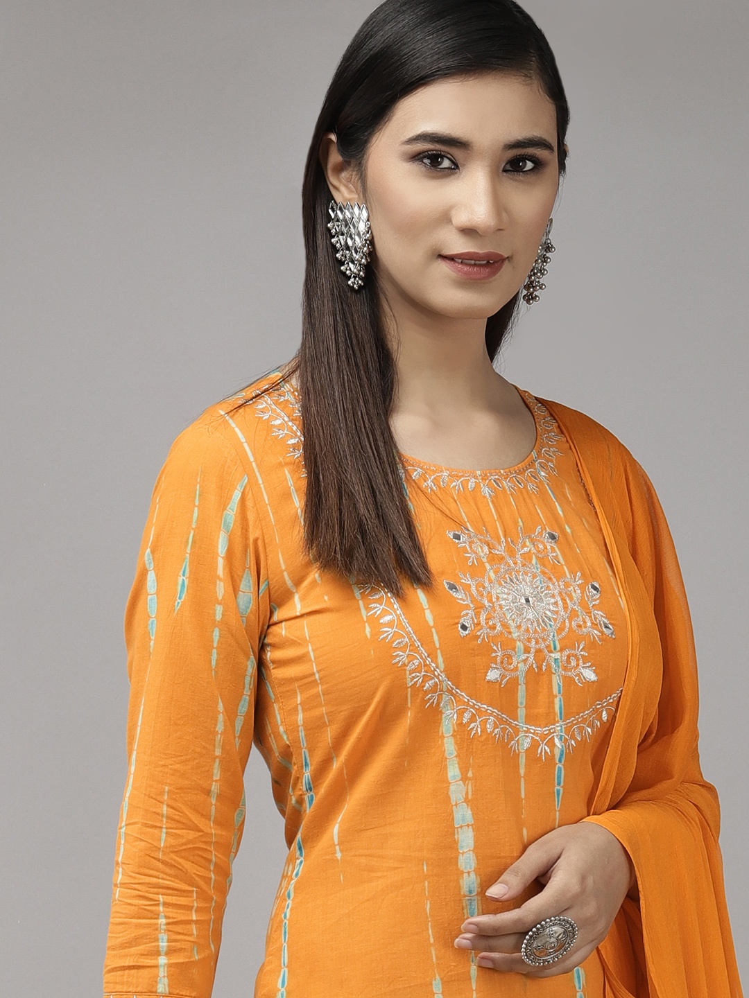 

Indo Era Women Mustard Yellow Embroidered Kurta with Trousers & With Dupatta