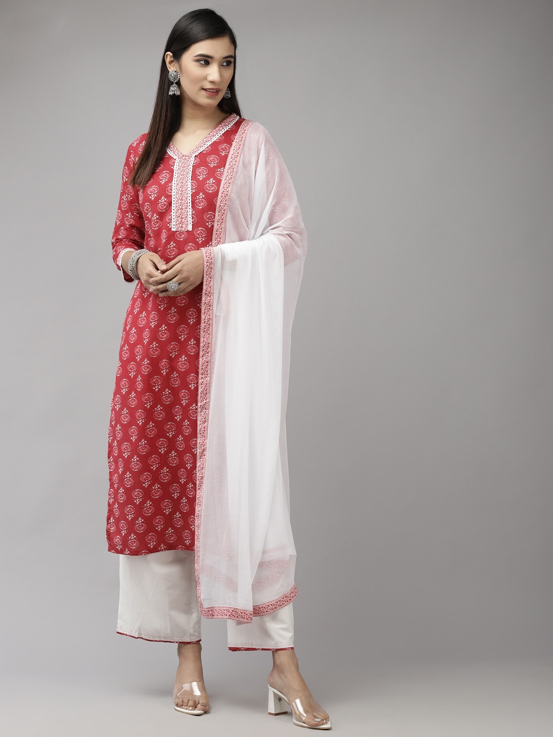 

Indo Era Women Red & White Ethnic Motifs Printed Kurta with Palazzos & With Dupatta