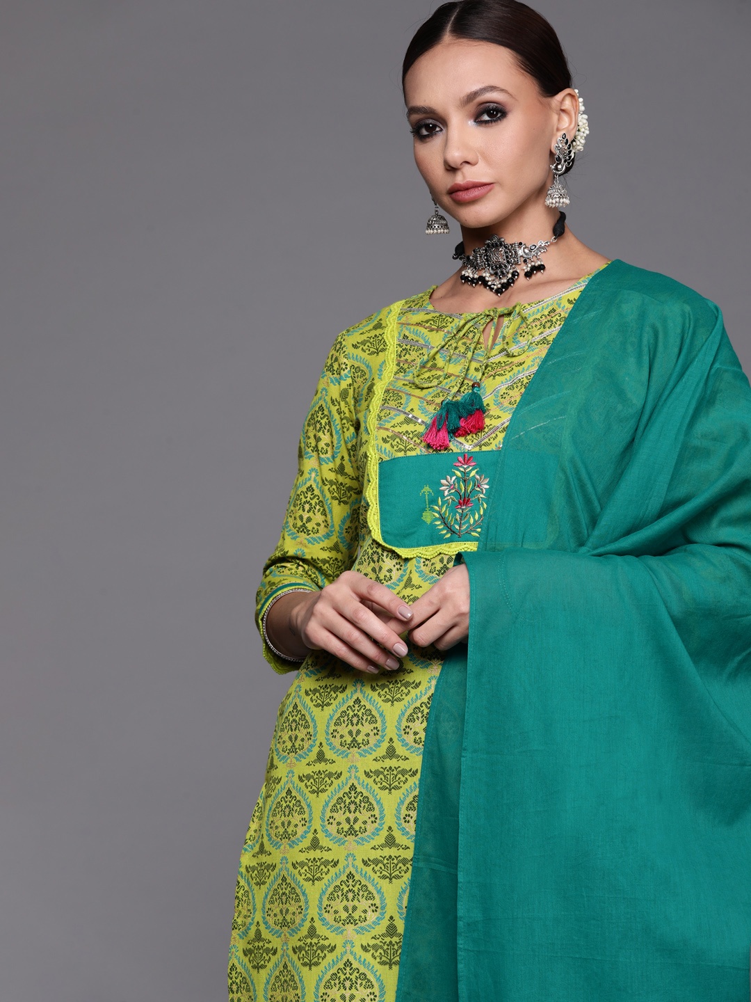 

Indo Era Women Green Ethnic Motifs Printed Kurta with Trousers & With Dupatta