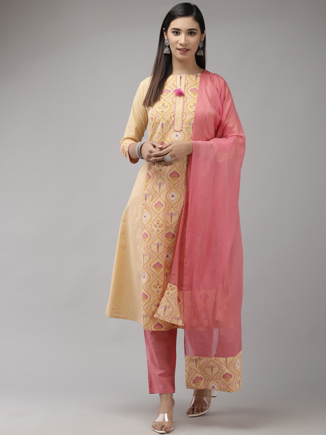

Indo Era Women Yellow Ethnic Motifs Printed Kurta with Trousers & With Dupatta