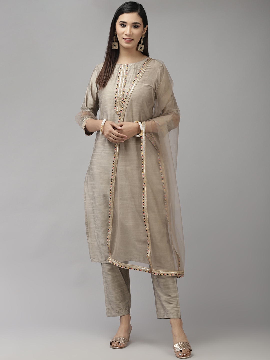 

Indo Era Women Grey Gotta Patti Kurta with Trousers & With Dupatta