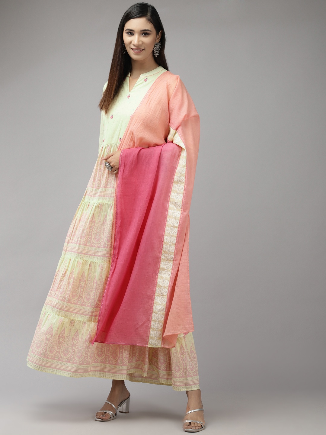 

Indo Era Women Yellow & Pink Pure Cotton Ethnic Motifs Printed Kurta with Dupatta
