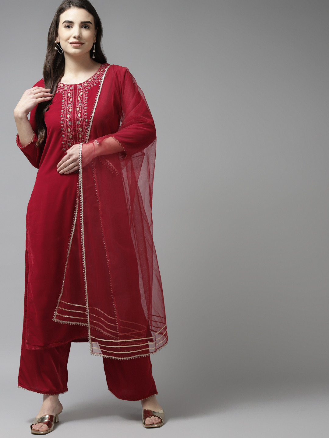 

Indo Era Women Red Ethnic Motifs Embroidered Velvet Kurta with Palazzos & With Dupatta