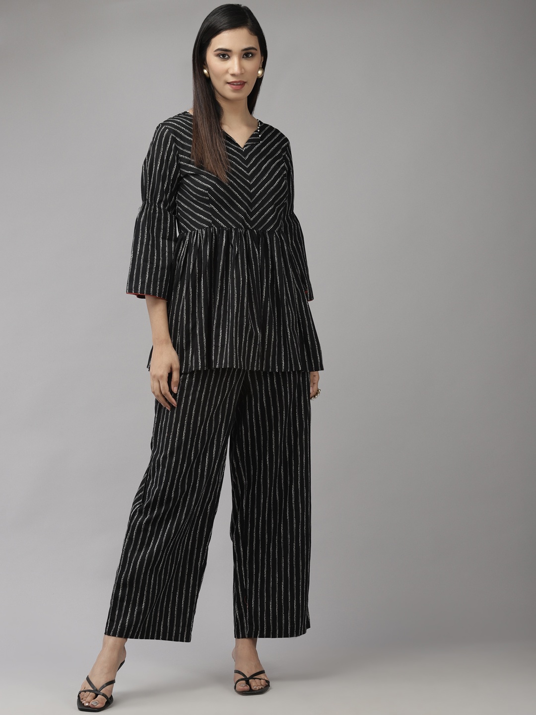 

Indo Era Women Black & White Striped A-line Tunic With Trouser Set