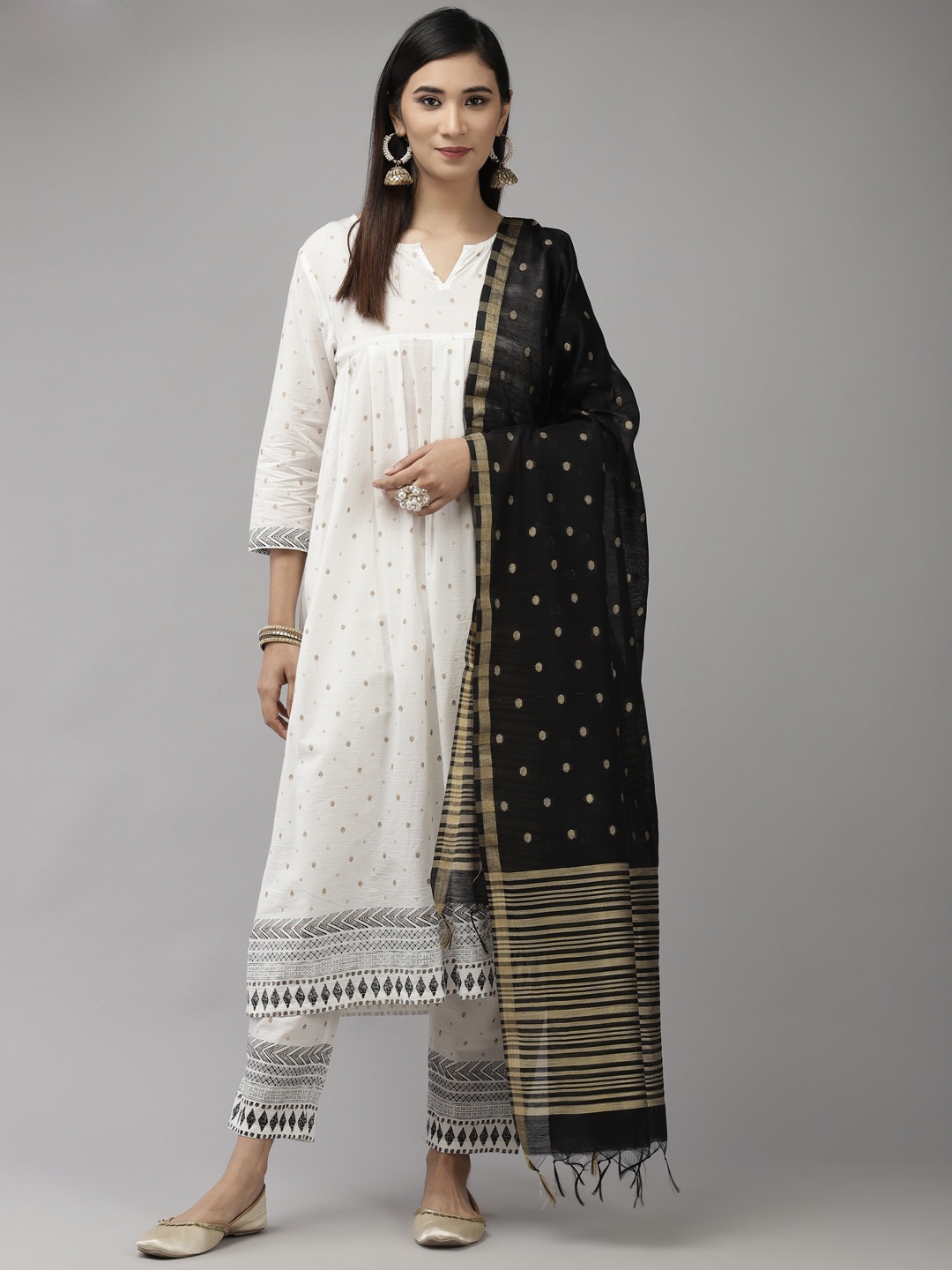 

Indo Era Women White Ethnic Motifs Printed Pleated Kurta with Trousers & With Dupatta
