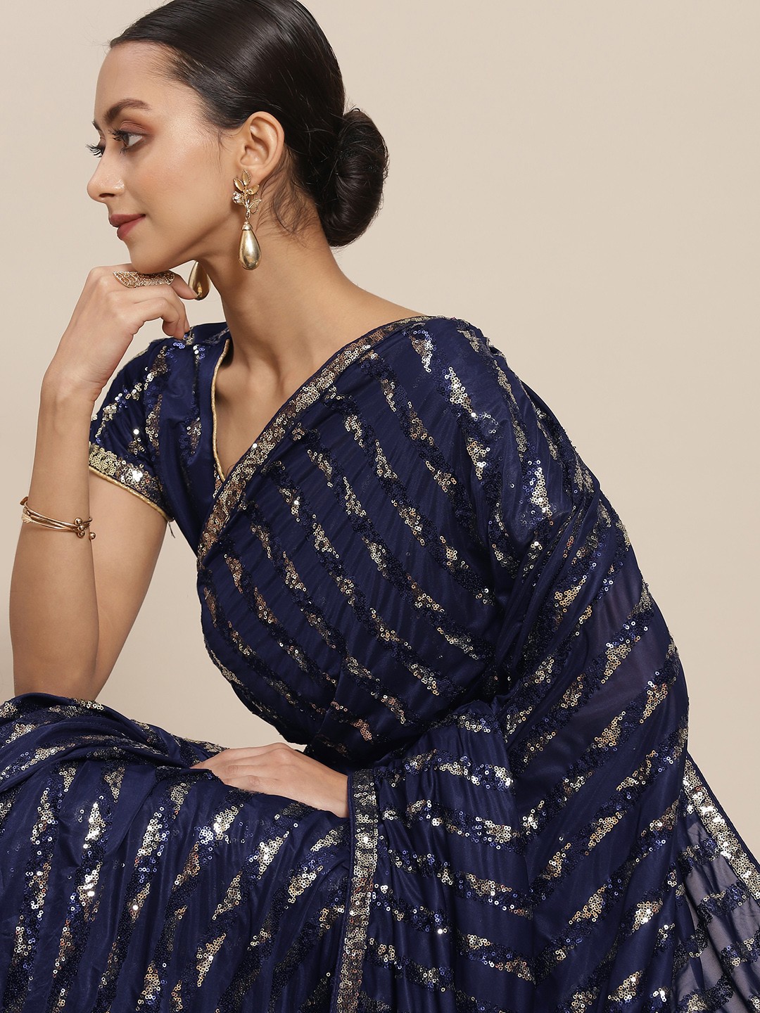 

Mitera Navy Blue & Silver Sequinned Embellished Saree