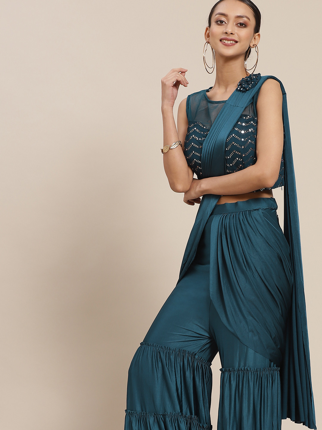 

Mitera Teal Blue Mirror Work Ready to Wear Sharara Saree
