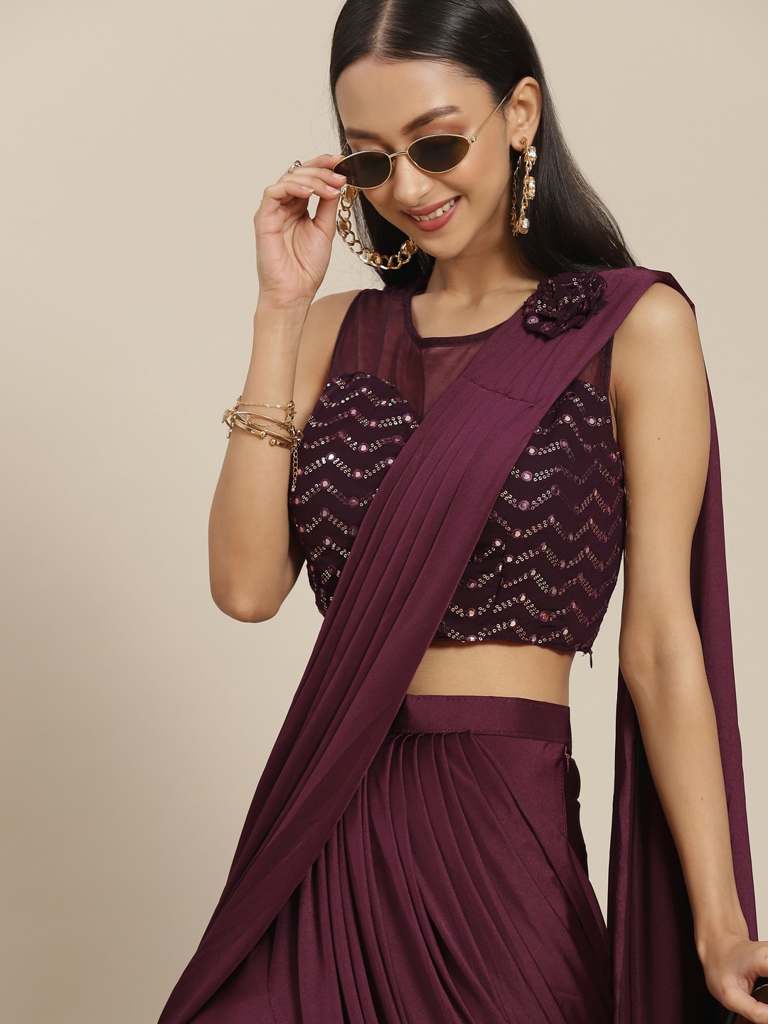 

Mitera Burgundy Mirror Work Ready to Wear Sharara Saree
