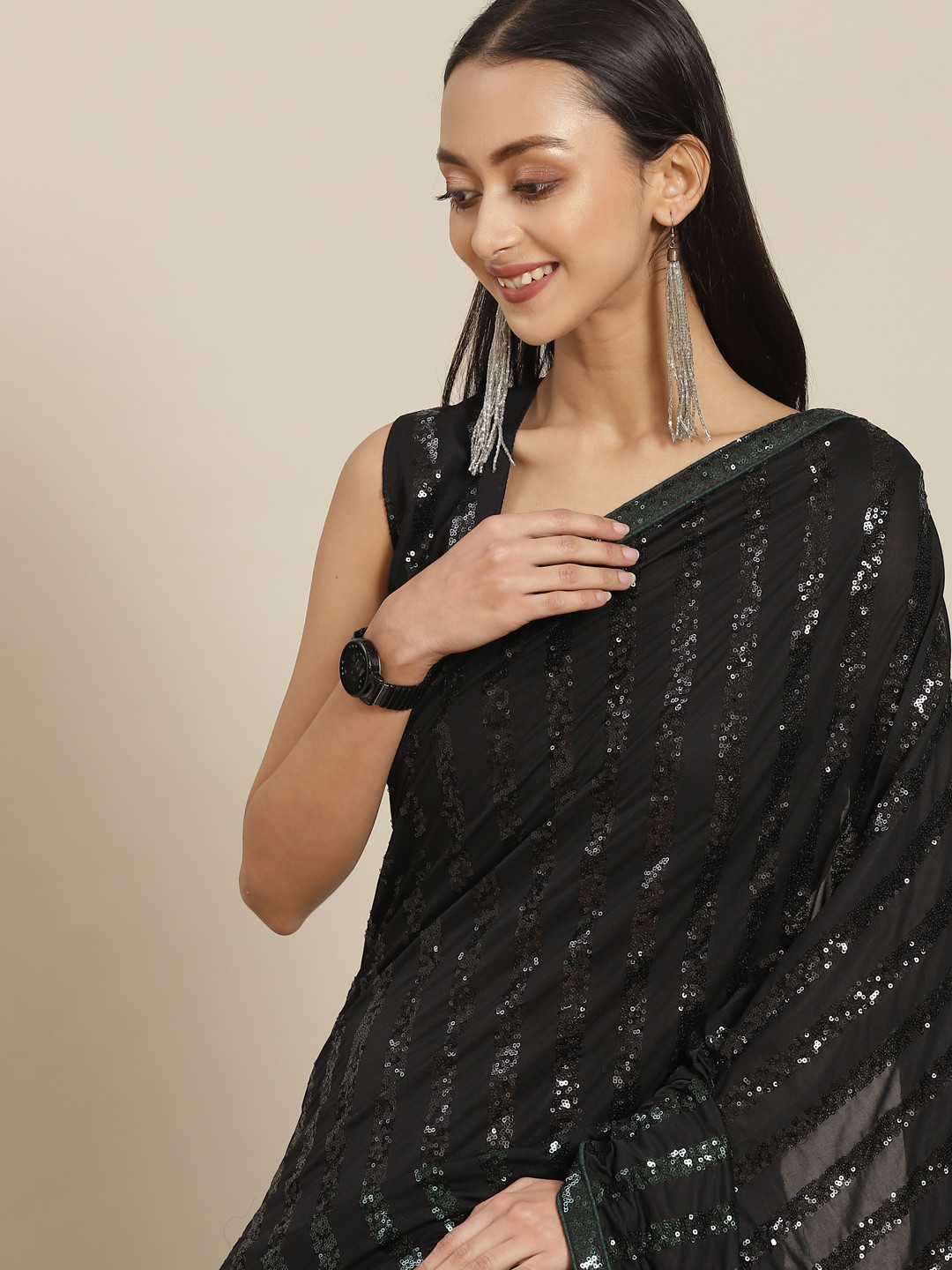 

Mitera Black & Green Striped Sequinned Saree