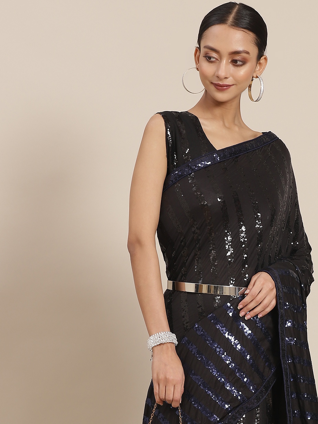 

Mitera Black & Navy Blue Sequinned Embellished Saree