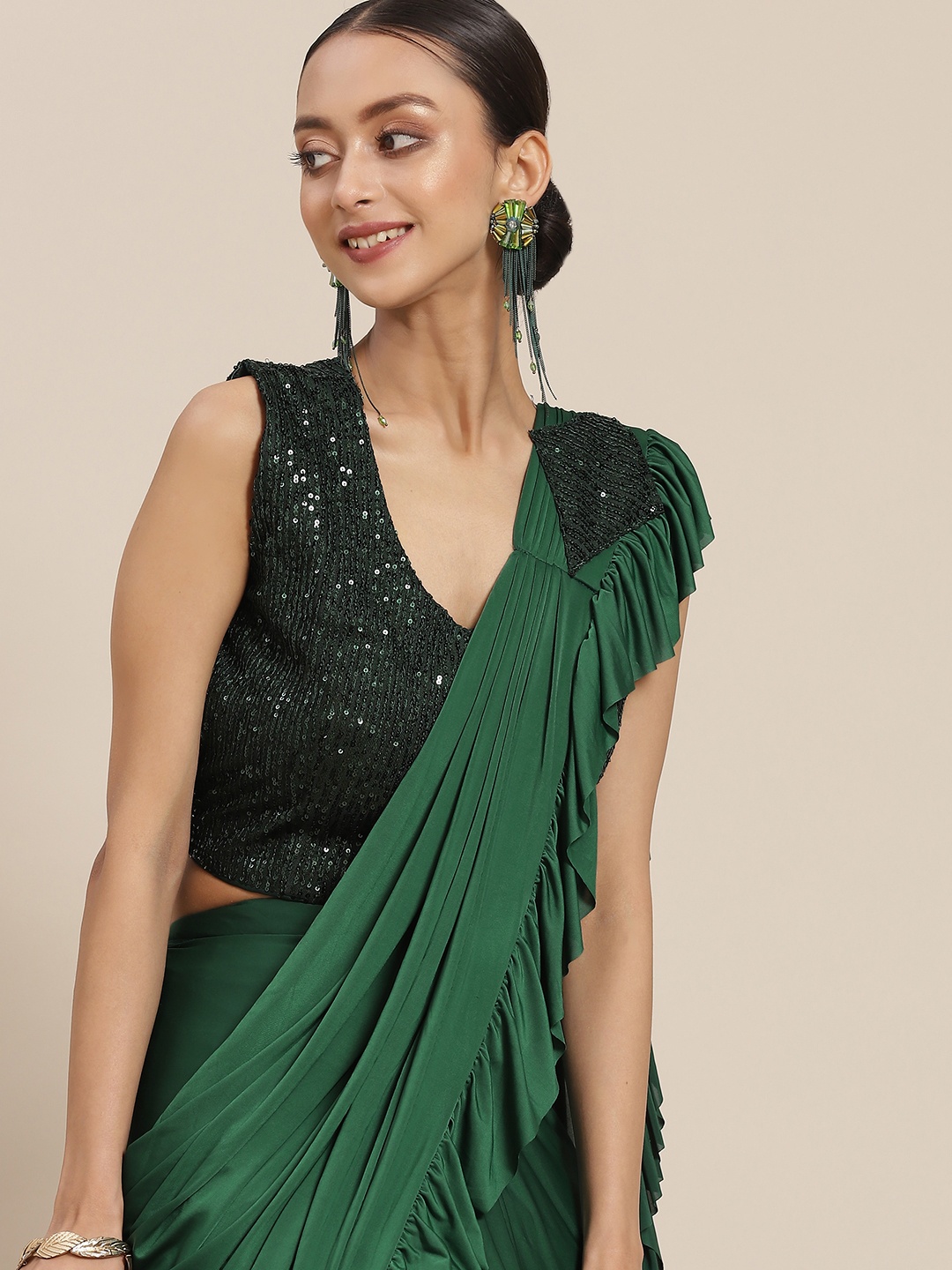 

Mitera Green Solid Ruffle Ready to Wear Saree