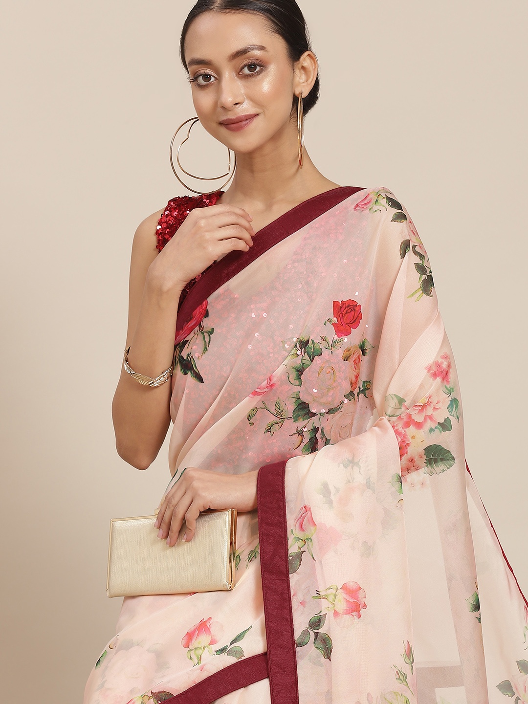 

Mitera Peach-Coloured & Green Floral Print Saree