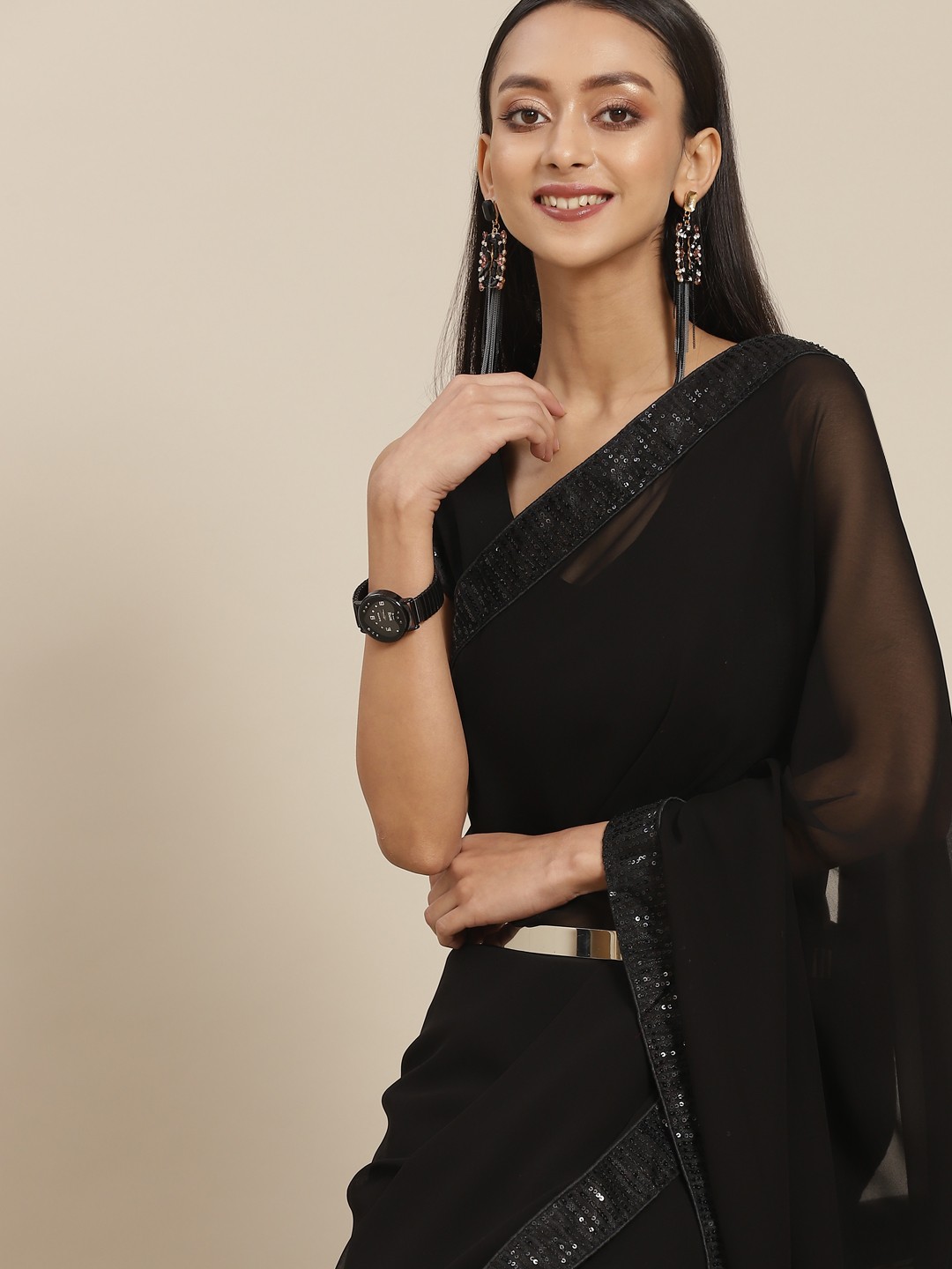 

Mitera Black Solid Sequinned Saree