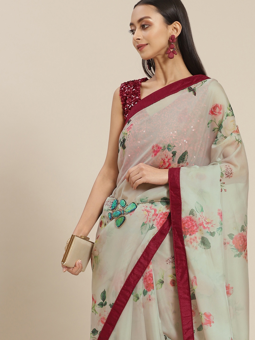 

Mitera Grey & Pink Floral Print Saree