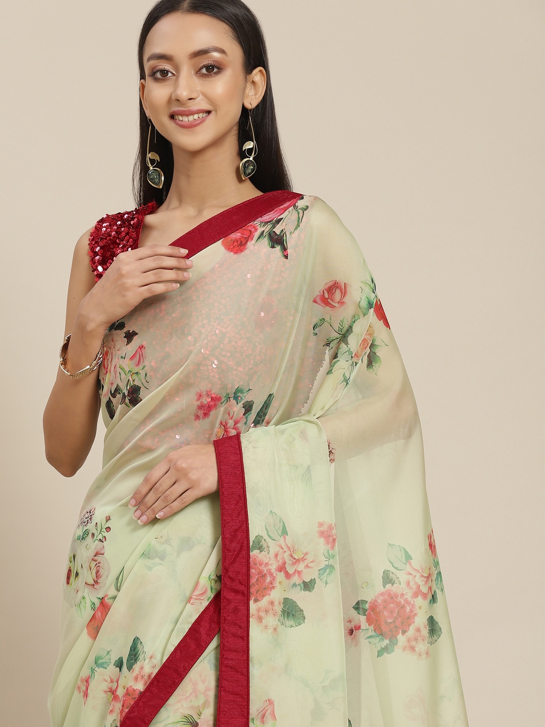 

Mitera Green & Pink Floral Print Saree