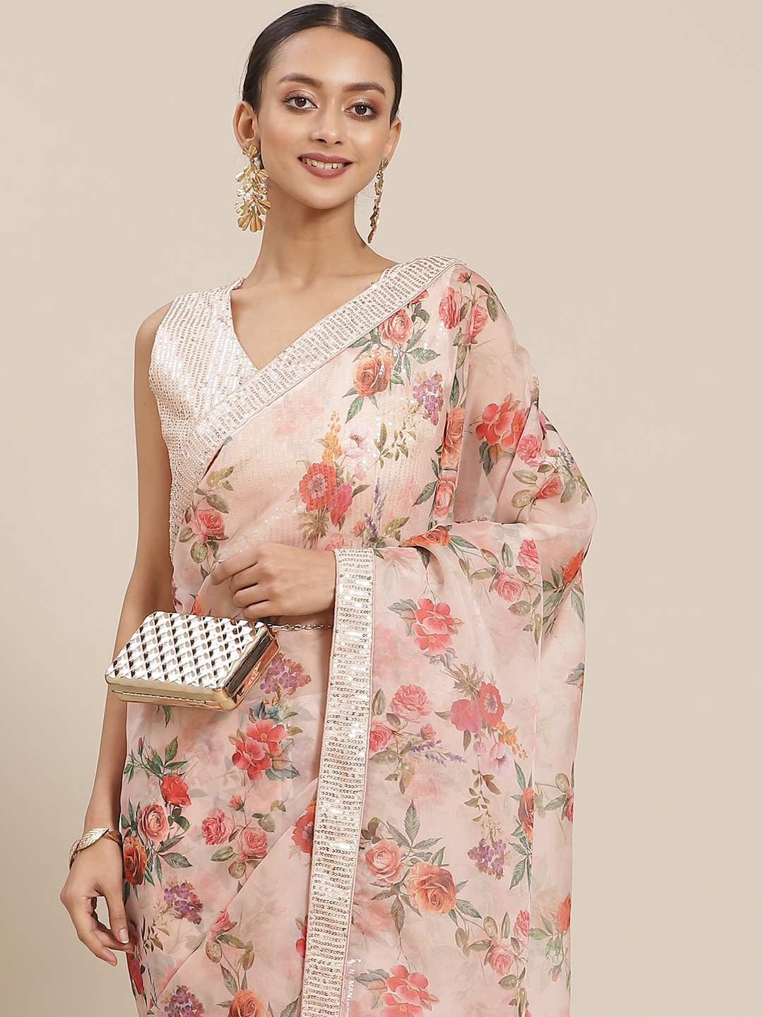 

Mitera Pink & Green Floral Print Saree