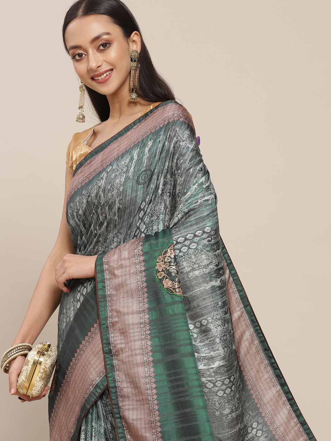 

Mitera Green Abstract Printed Saree