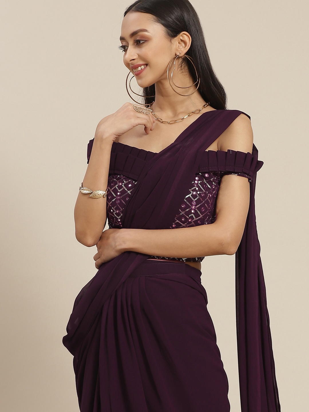 

Mitera Purple Sequinned Mirror Work Ready to Wear Saree