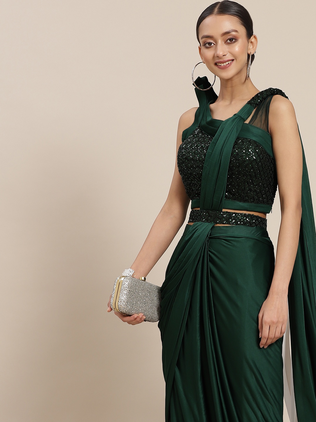 

Mitera Green Solid Ready to Wear Saree
