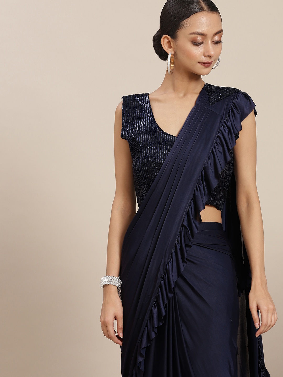 

Mitera Navy Blue Ruffle Ready to Wear Saree