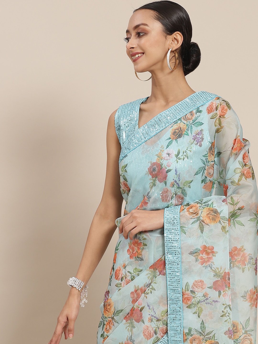 

Mitera Blue & Pink Floral Print Saree