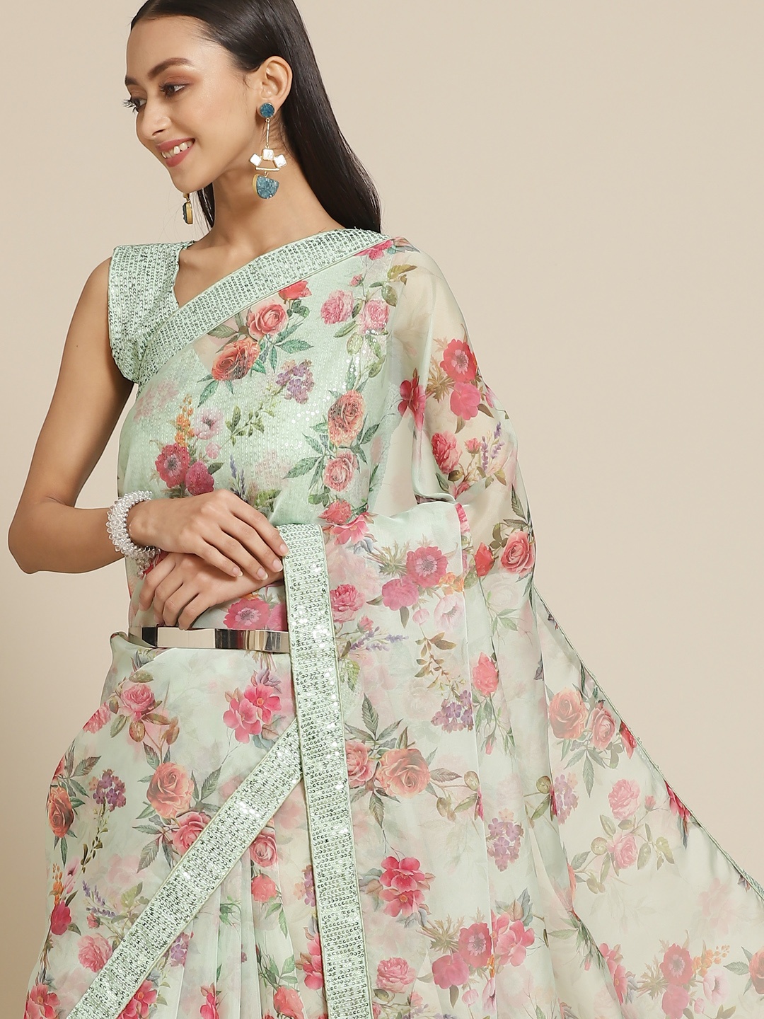 

Mitera Sea Green & Pink Floral Print Saree
