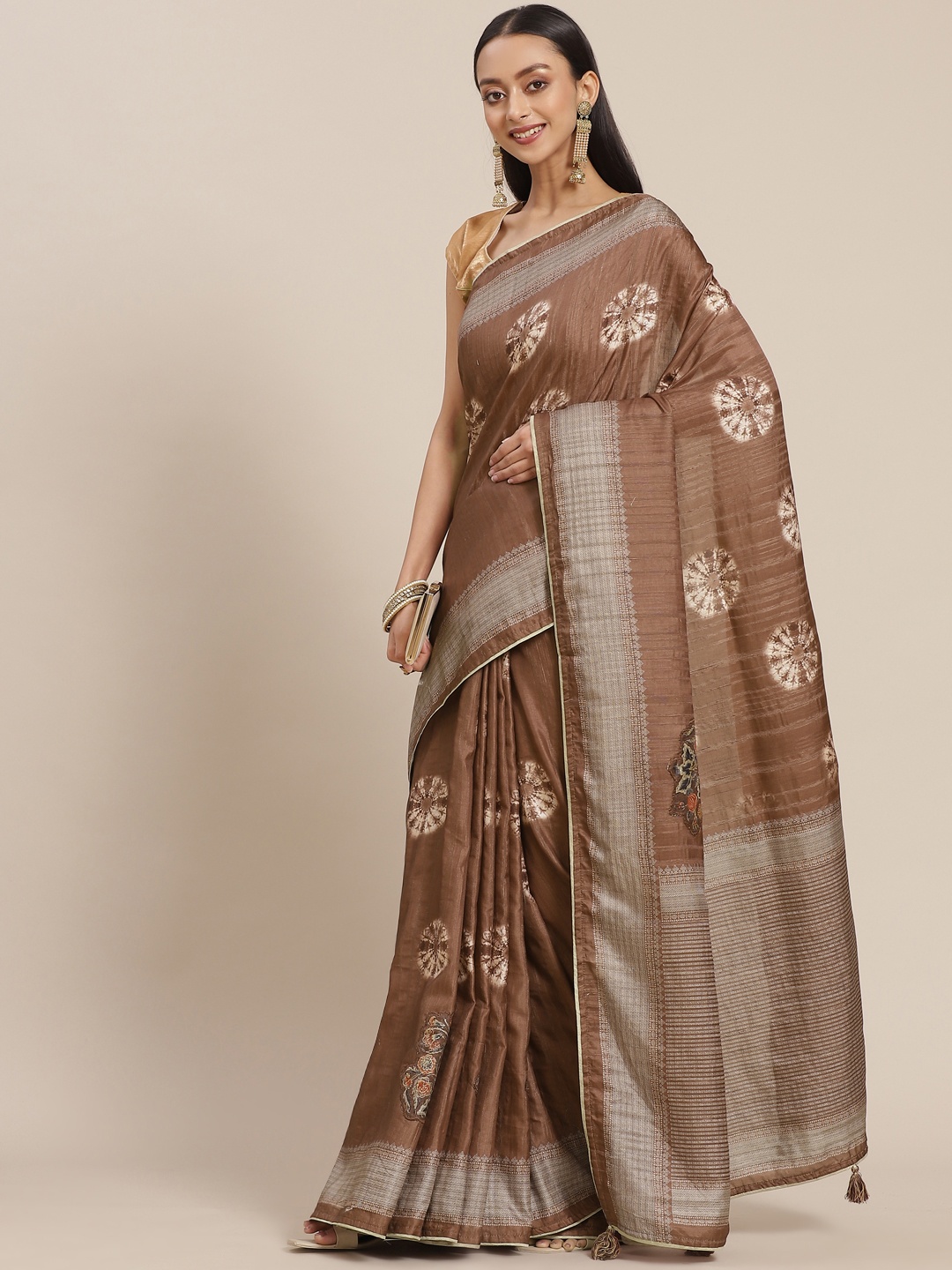 

Mitera Brown & Off White Ethnic Motifs Print Saree