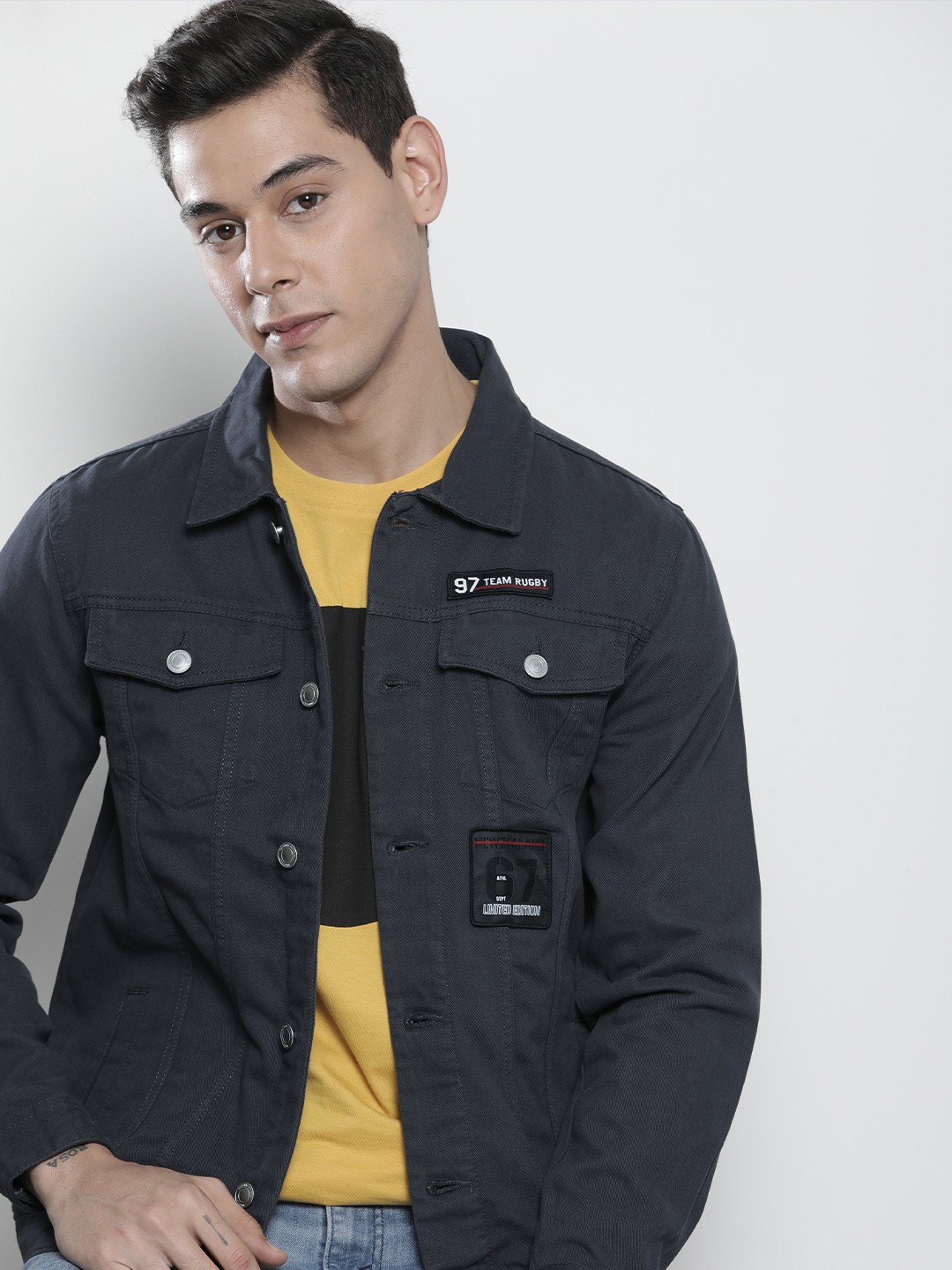 

The Indian Garage Co Men Charcoal Grey Lightweight Cotton Denim Jacket with Patchwork