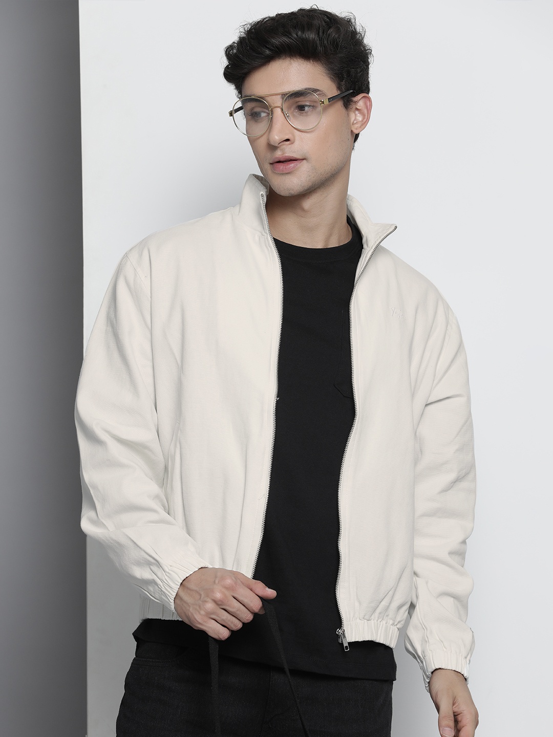 

The Indian Garage Co Men Off-White Solid Cotton Bomber Jacket