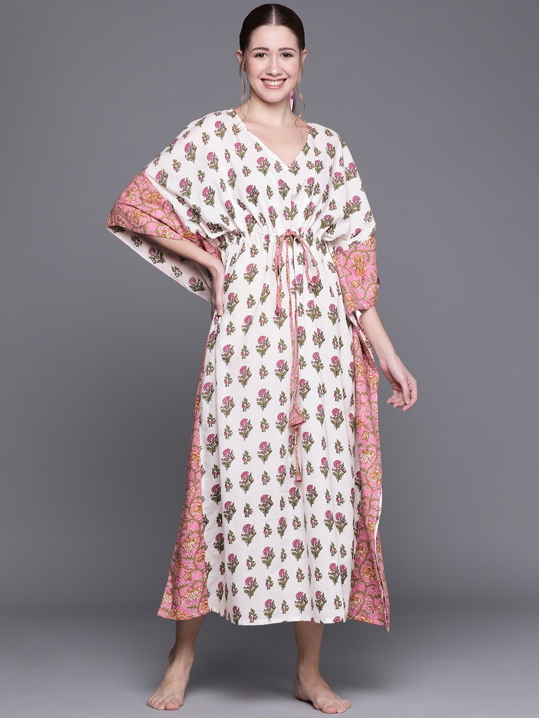 

Libas White Cotton Printed Kaftan Night Dress