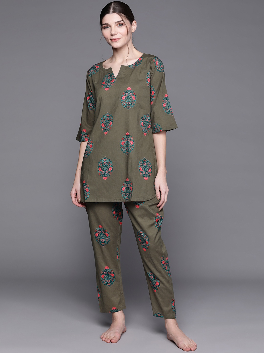 

Libas Women Olive Green Printed Night suit