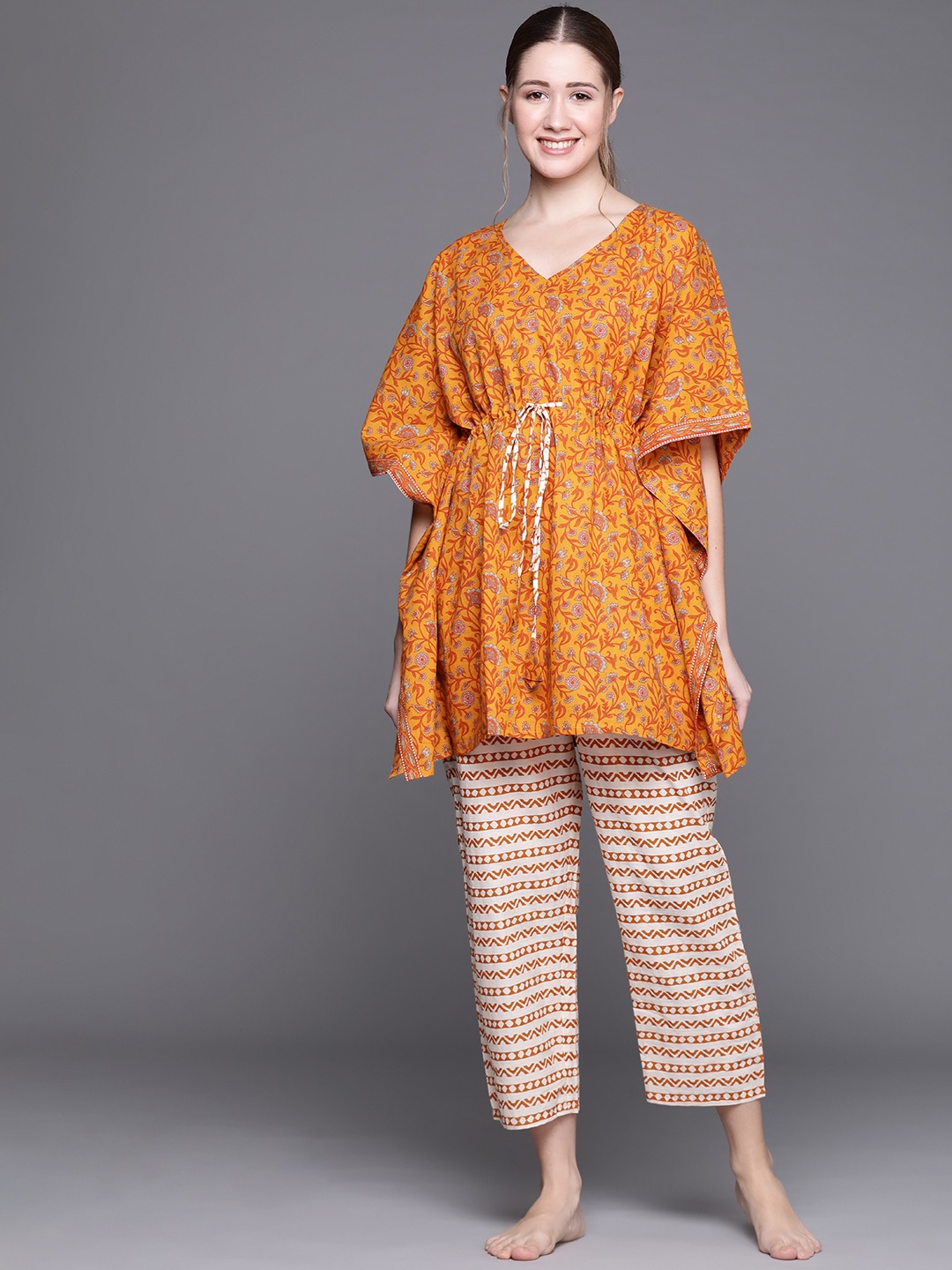 

Libas Yellow Cotton Printed Kaftan Night Suit