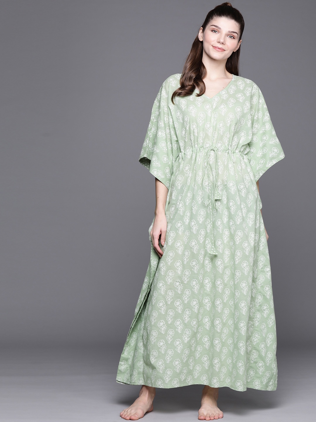 

Libas Green Cotton Printed Kaftan Night Dress